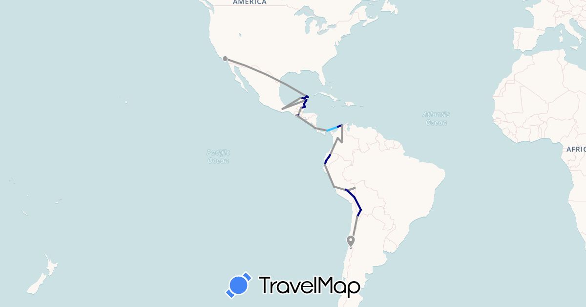 TravelMap itinerary: driving, plane, boat in Bolivia, Belize, Chile, Colombia, Costa Rica, Ecuador, Guatemala, Mexico, Panama, Peru, United States (North America, South America)